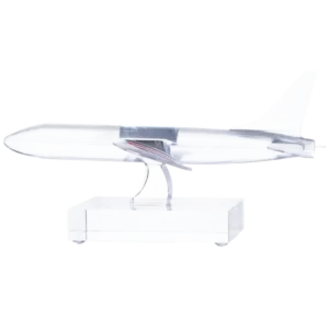 A transparent acrylic award shaped with clean lines and a unique, modern aesthetic.