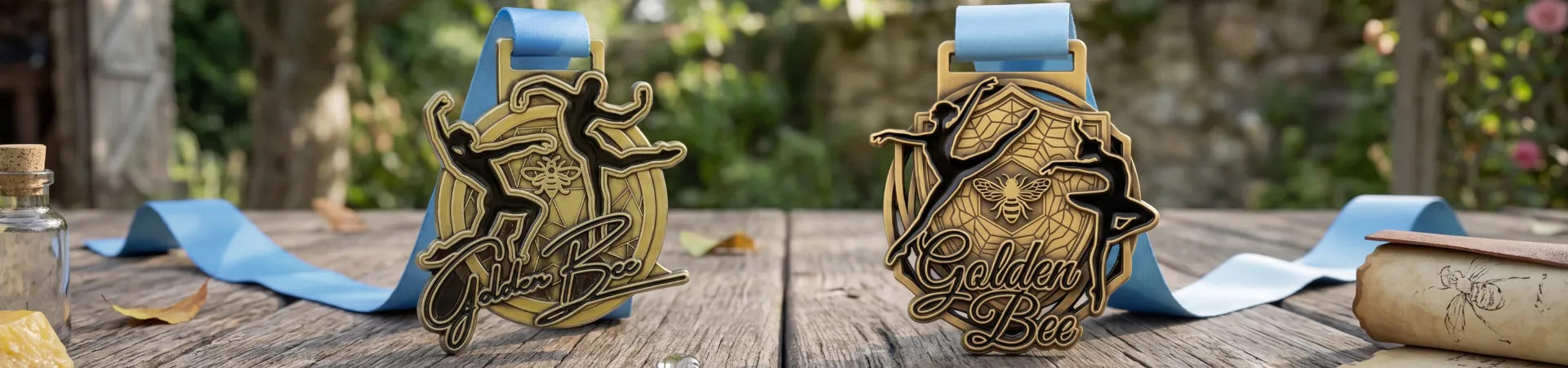 Dos medallas de danza doradas «Golden Bee» con figuras de bailarinas y motivos de abeja en relieve, sobre una mesa de jardín rústica con cintas azules.